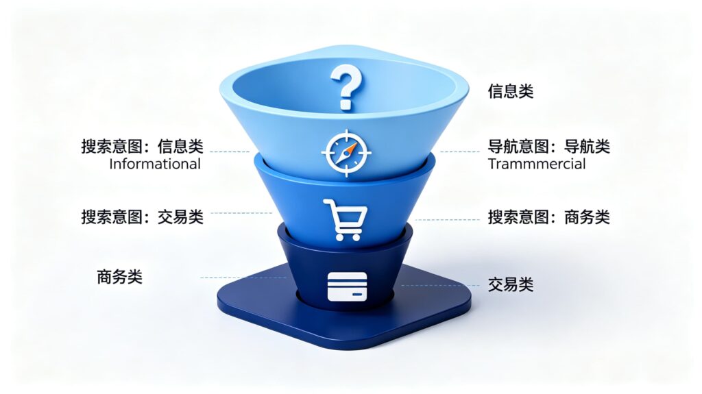 搜索引擎优化(SEO)中针对不同搜索意图（信息型、导航型、商业调研型、交易型）的关键词漏斗策略图解